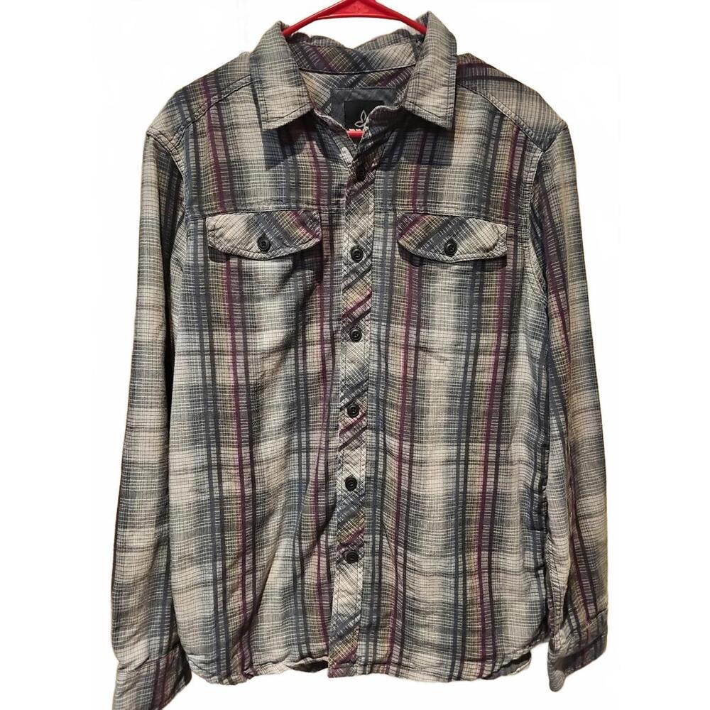 Prana Shirt Men Small Plaid Flannel Button Down Long Sleeve Gray Purple